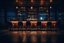 Bar Interior With Bar Chairs And Lights At Night. Night Scene. Bar Counter In The Dark Night Background With Chairs In Empty Comfortable Luxury Restaurant, AI Generated