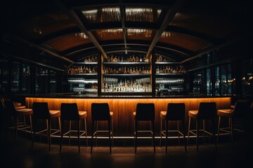 Sticker - Empty bar interior with chairs and bottles. Nightlife concept. Toned. Bar counter in the dark night background with chairs in empty comfortable luxury restaurant, AI Generated