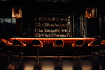 Poster - Interior of a modern bar with orange armchairs and tables. Bar counter in the dark night background with chairs in empty comfortable luxury restaurant, AI Generated