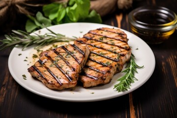 Poster - grilled pork chop with herbs on a plate