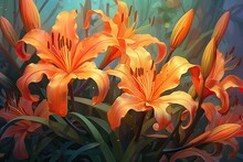 Orange Lily Flowers In The Garden. Illustration For Your Design, Beautiful Botanic Lily Flower Oil Paint Illustration, AI Generated