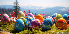 Easter Egg Festival. Beautiful Multi-colored Easter Eggs On The Grass , Perfect Easter Background, Generative Ai 
