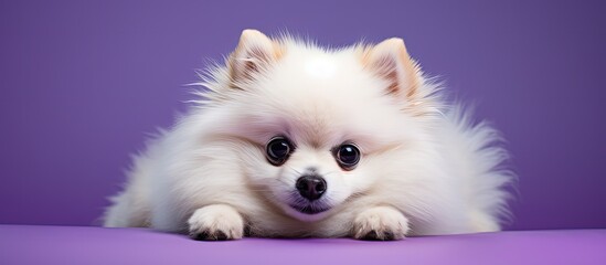 Canvas Print - Small spitz pet groomed on a purple background with cream colored fur and captivating eyes