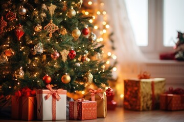 Wall Mural - close-up of christmas tree with boxing day gifts beneath