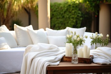 Poster - white blankets draped over outdoor seating arrangement