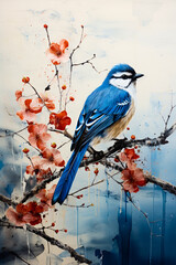 Canvas Print - Image of blue bird sitting on tree branch.