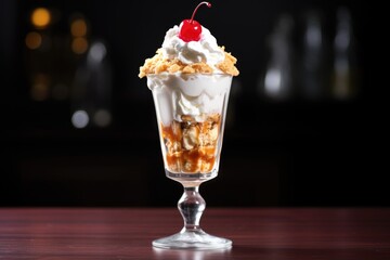 Sticker - a tall ice cream sundae with whipped cream and a cherry