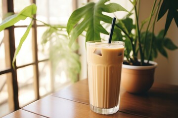 Poster - an iced chai latte next to a bamboo plant in a brightly-lit room