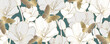 Luxury floral turquoise background with white tulips and golden butterflies. Beautiful background for creating wallpapers, covers, cards and presentations