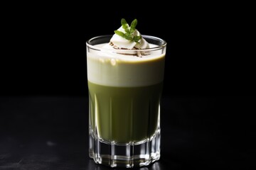 Wall Mural - iced matcha drink topped with cream on a black surface