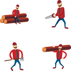 Lumberjack icons set cartoon vector. Man woodcutter while working. Logging industry