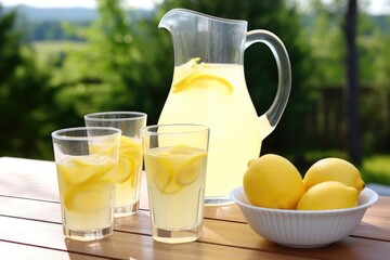 Poster - lemonade in a pitcher with a set of empty glasses outside during a sunny day