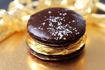 Sticker - a single chocolate macaron resting on a gold foil