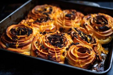 Canvas Print - orange and black cinnamon rolls on a baking tray