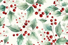 Festive Watercolor Pattern With Spruce And Holly Berries. Generative AI