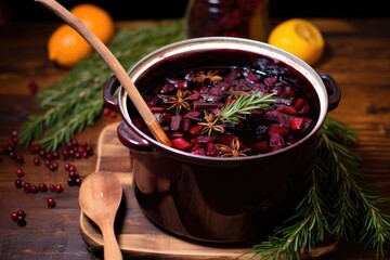 Canvas Print - close-up of a pot of mulled wine with a wooden spoon