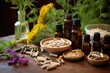 wood table with naturopathic medicines arranged