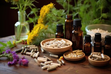 Poster - wood table with naturopathic medicines arranged