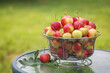 Crabapples in a wire frame bowl.