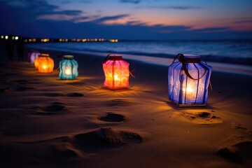 Poster - lanterns placed in sand on a beach after sunset