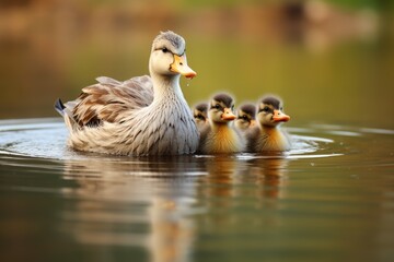 Canvas Print - a mother duck with ducklings following her in water