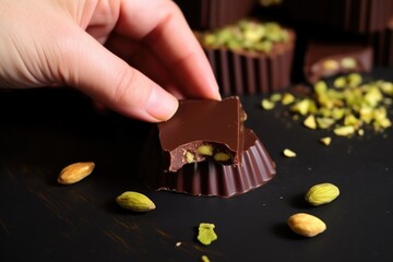 Wall Mural - hand placing a pistachio kernel onto a piece of chocolate