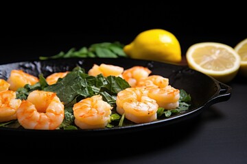 Canvas Print - lemon shrimp and scallops on a black plate