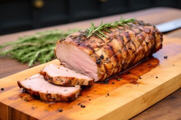 Wall Mural - pork loin with grill marks on a chopping board