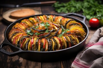 Wall Mural - ratatouille in a cast iron skillet on a brick background
