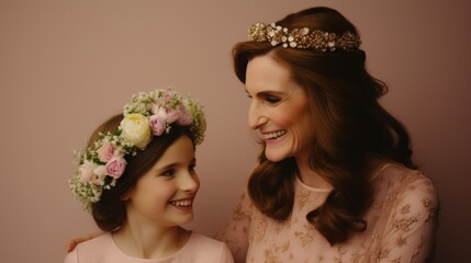 Grandmother and her granddaughter wearing flower crowns