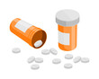 Pill bottles and pills. Open plastic pills tube with cap. Meds pills lying down. Drug medication, supplements and medicament. Realistic flat style vector medicine object illustration