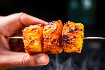 Canvas Print - hand holding a skewer with a chunk of grilled pineapple