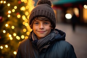 Wall Mural - Portrait of a cute little boy at Christmas market in the city