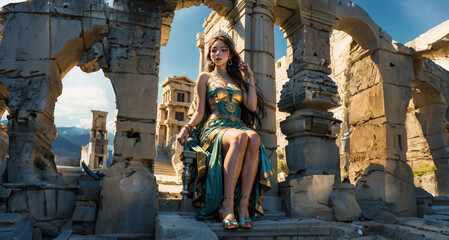 Wall Mural - Greek goddess at ancient city ruins. Beautiful young woman Aphrodite style with golden necklace jewelry. Athena walking Greece. Mythical Hellenic.