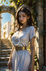 Canvas Print - Greek goddess at ancient city ruins. Beautiful young woman Aphrodite style with golden necklace jewelry. Athena walking Greece. Mythical Hellenic.