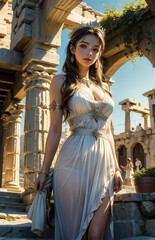 Wall Mural - Greek goddess at ancient city ruins. Beautiful young woman Aphrodite style with golden necklace jewelry. Athena walking Greece. Mythical Hellenic.