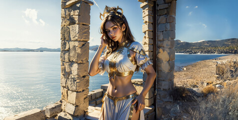 Wall Mural - Greek goddess at ancient city ruins. Beautiful young woman Aphrodite style with golden necklace jewelry. Athena walking Greece. Mythical Hellenic.