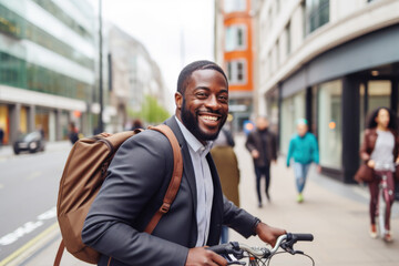 Wall Mural - Successful smiling African American businessman with backpack riding a bicycle in a city street in London. Healthy, ecology transport