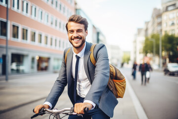 Wall Mural - Successful smiling businessman with backpack riding a bicycle in a city street in Berlin. Healthy, ecology transport