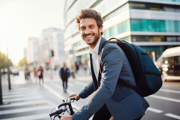 Wall Mural - Successful smiling businessman with backpack riding a bicycle in a city street in Berlin. Healthy, ecology transport