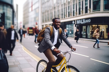 Successful smiling African American businessman with backpack riding a bicycle in a city street in London. Healthy, ecology transport