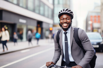 Wall Mural - Successful smiling African American businessman with backpack riding a bicycle in a city street in London. Healthy, ecology transport