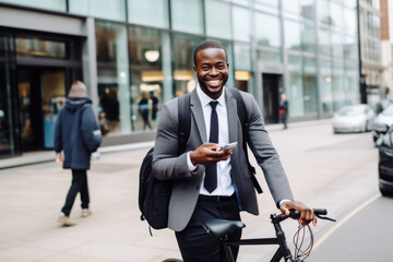 Wall Mural - Successful smiling African American businessman with backpack riding a bicycle in a city street in London. Healthy, ecology transport