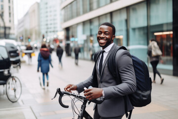 Wall Mural - Successful smiling African American businessman with backpack riding a bicycle in a city street in London. Healthy, ecology transport