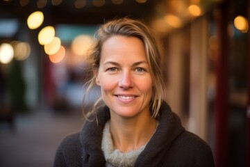 Portrait of a smiling woman in a city street at night.