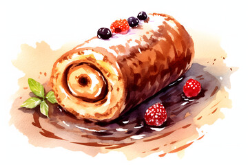 Canvas Print - Chocolate Cream Swiss Roll watercolor art style