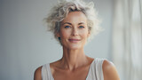 Fototapeta  - bellissima donna sessantenne con i capelli bianchi corti su sfondo neutro, senza trucco e sorridente, concetto di salute e benessere
