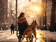 donna diversamente abile su sedia a rotelle vicino al suo cane di spalle che guarda verso l'orizzonte di una città , alba