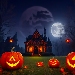 Halloween background with pumpkins and haunted house