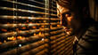 © XaMaps - Suspenseful man peering through blinds at a vibrant cityscape at night, filled with secrecy and loneliness.